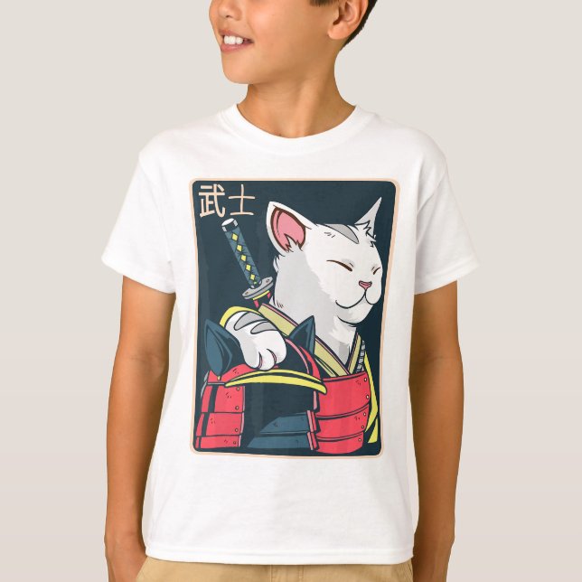 Camiseta Catzilla - Arte de Gato Japonês - Espada Katana -  (Frente)