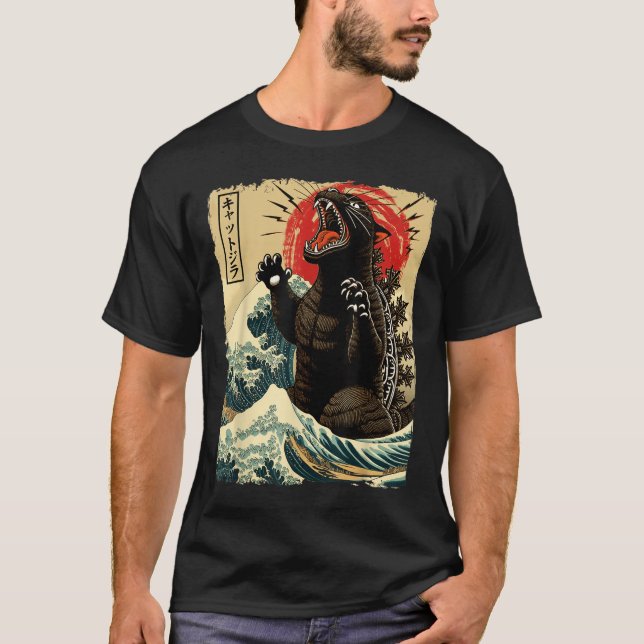 Camiseta Catzilla Cat Art Engraçado Gato Japonês Para Homen (Frente)