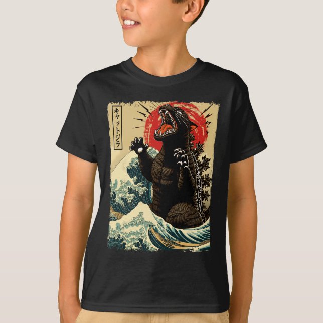 Camiseta Catzilla Cat Art Engraçado Gato Japonês Para Homen (Frente)