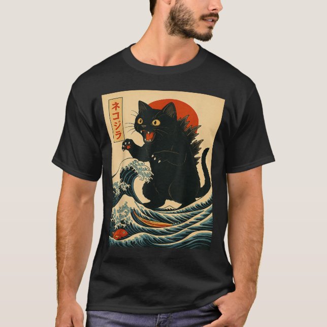 Camiseta Catzilla Cat Japanese Art Funny Cat For Men Women  (Frente)