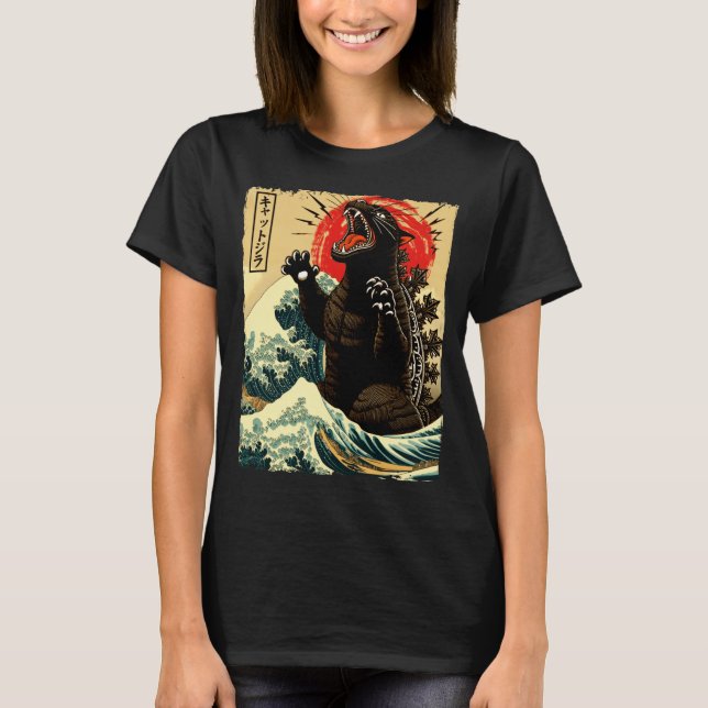 Camiseta Catzilla Divertido Estilo Japonês  (Frente)