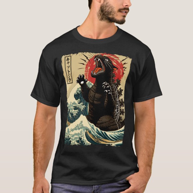 Camiseta Catzilla Engraçado Estilo Japonês T-Shirt (Frente)