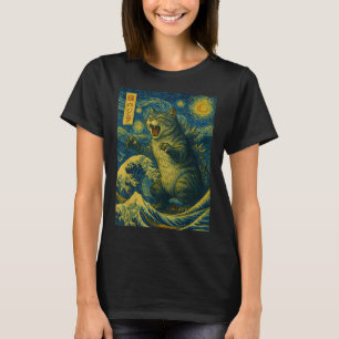 Camiseta Catzilla Funny Cat Arte Japonesa Onda Noite Estela