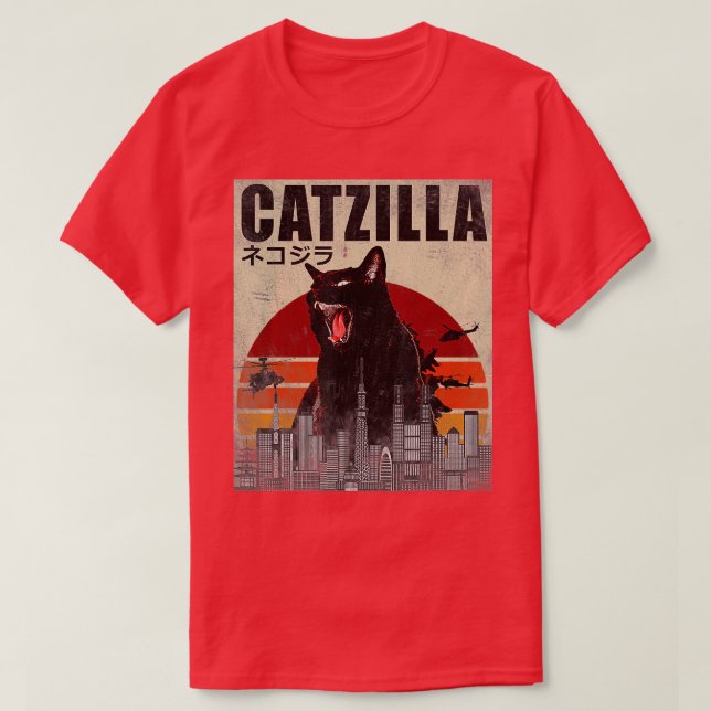 Camiseta Catzilla Funny Cat Japonês Sunset (Frente do Design)