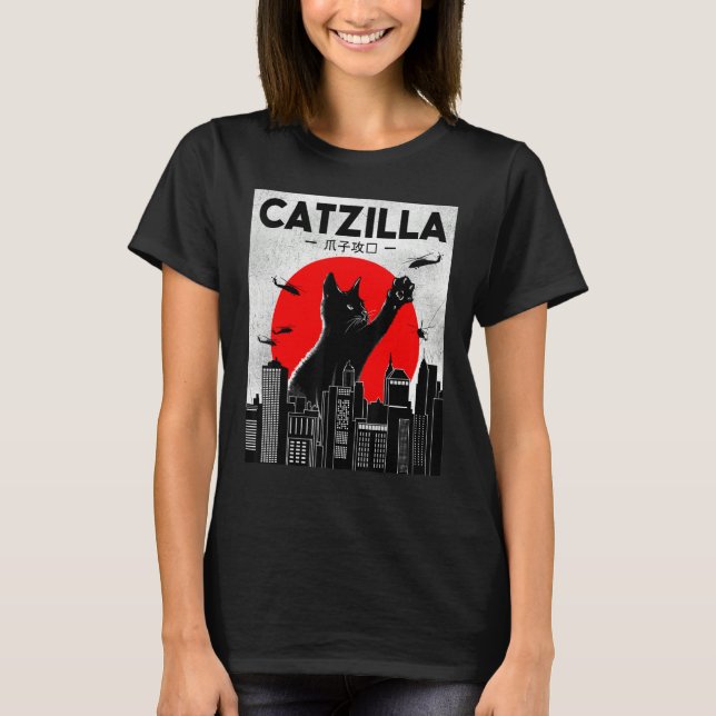 Camiseta Catzilla Funny Cat Shirt, Funny Cat T-shirt, Cat L (Frente)