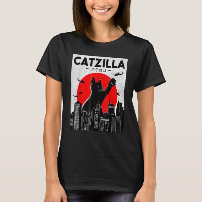 Camiseta Catzilla Funny Cat Shirt, Funny Cat T-shirt, Cat L (Frente)
