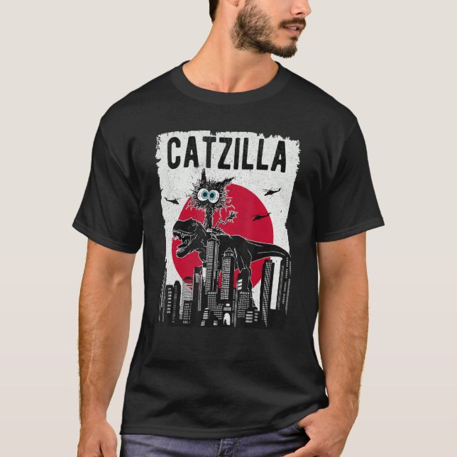 Camiseta Catzilla Funny Retro Cat Kitten Riding T.Rex Lover (Frente)