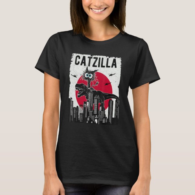 Camiseta Catzilla Funny Retro Cat Kitten Riding T.Rex Lover (Frente)