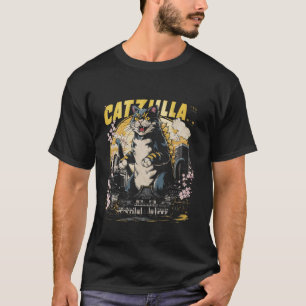 Camiseta Catzilla Gato Arte Japonês Gato Engraçado Para Hom