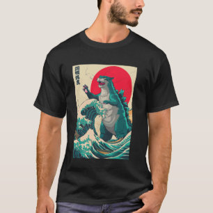Camiseta Catzilla Gato Arte Japonês Vintage Engraçado Gato
