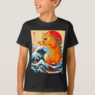 Camiseta Catzilla gato laranja arte japonesa para homens mu