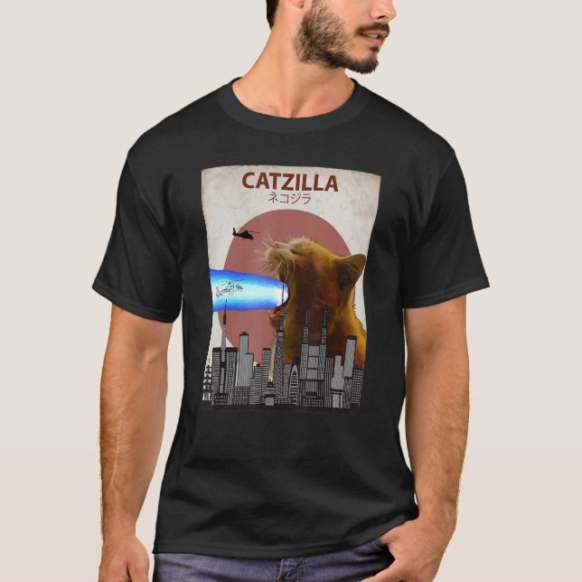 Camiseta Catzilla Giant Cat com lasers de boca fungo japonê (Frente)