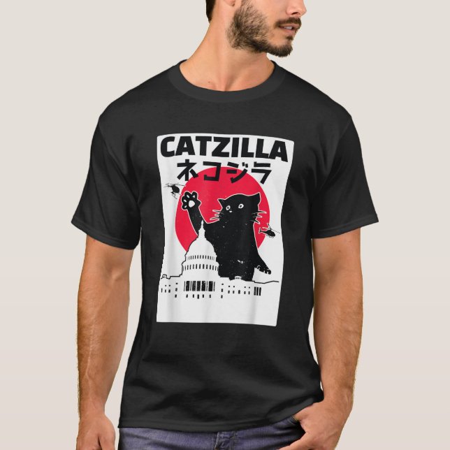 Camiseta Catzilla Japan Cat Retro Vintage Sunset City (Frente)