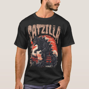 Camiseta Catzilla Japonês Art Engraçado Cat.