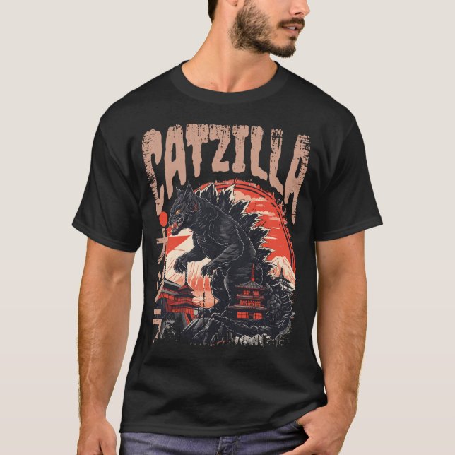 Camiseta Catzilla Japonês Art Engraçado Cat. (Frente)