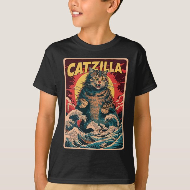 Camiseta Catzilla Japonês Art Funny Cat Vintage Graphic (Frente)
