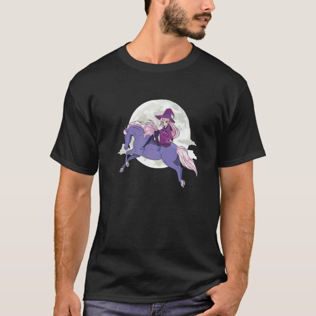 Camiseta Cavaleiro Cavalo Lua Feitiçaria Cavalgando Ri (Frente)