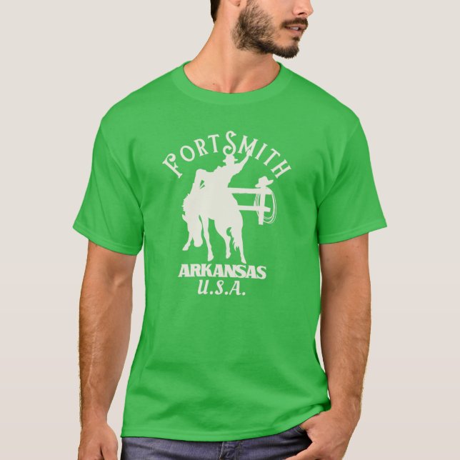 Camiseta Cavaleiro do Rodeio de Fort Smith Arkansas Branco (Frente)