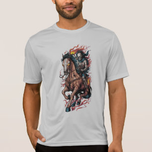 Camiseta Cavaleiro Esqueleto Flamejante em um Cavalo Galopa