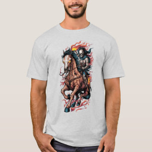 Camiseta Cavaleiro Esqueleto Flamejante em um Cavalo Galopa