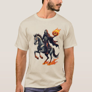 Camiseta CAVALEIRO ESQUELETO SEM CABEÇA Cavalo Flamejante C