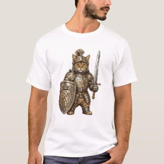 Camiseta Cavaleiro Gato Real em Armadura Dourada