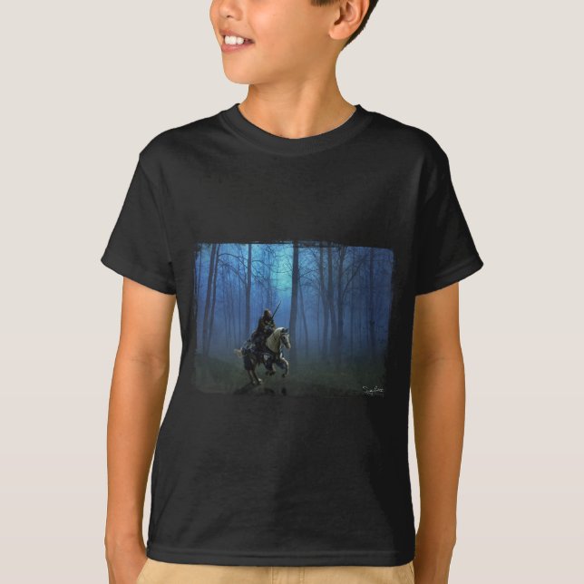 Camiseta Cavaleiro Medieval fantasia em Horseback à Lua (Frente)