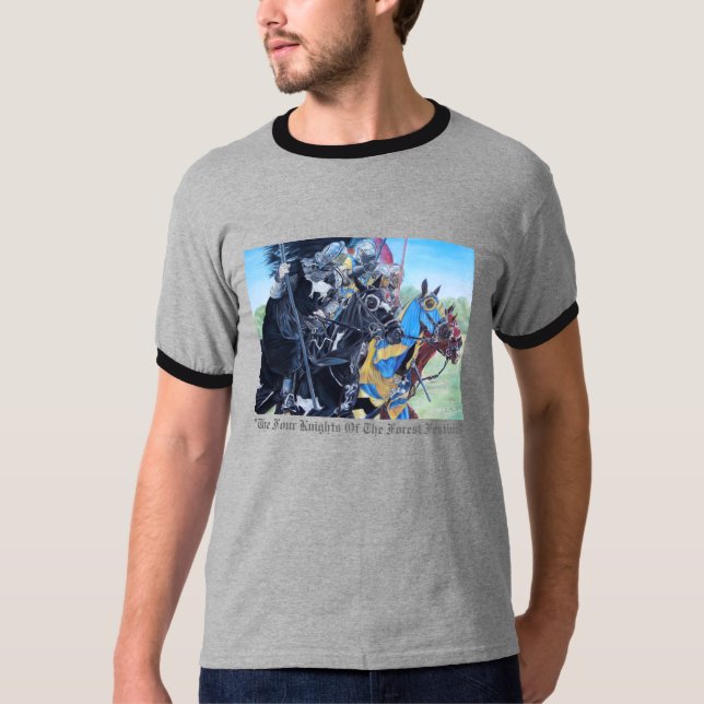 Camiseta cavaleiros medievais históricos a jorrar em cavalo (Frente)