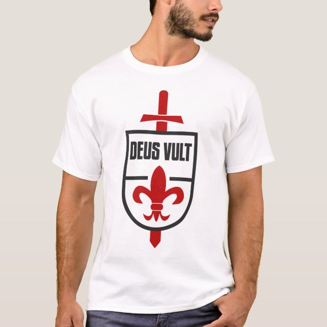 Camiseta Cavaleiros Templários MOTTO DEUS VULT T Shirt (Frente)