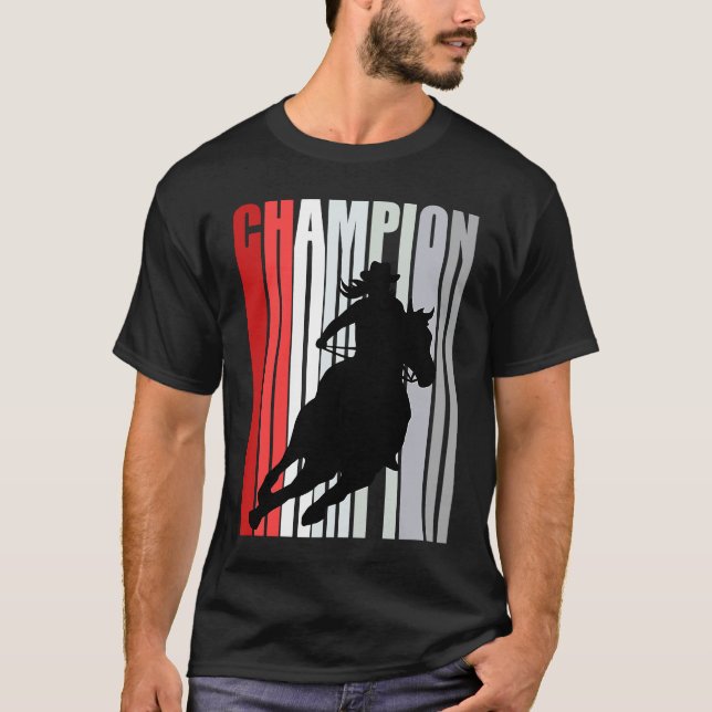 Camiseta Cavalgada Campeã de Barril de Cavalgar Vaca Vermel (Frente)