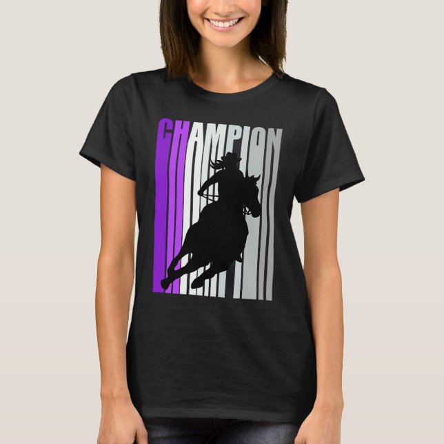 Camiseta Cavalgada Campeã de Corrida de Barril Vaca Roxa (Frente)