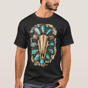 Camiseta Cavalgadora Boho Ocidental Caveira de Touro Turque