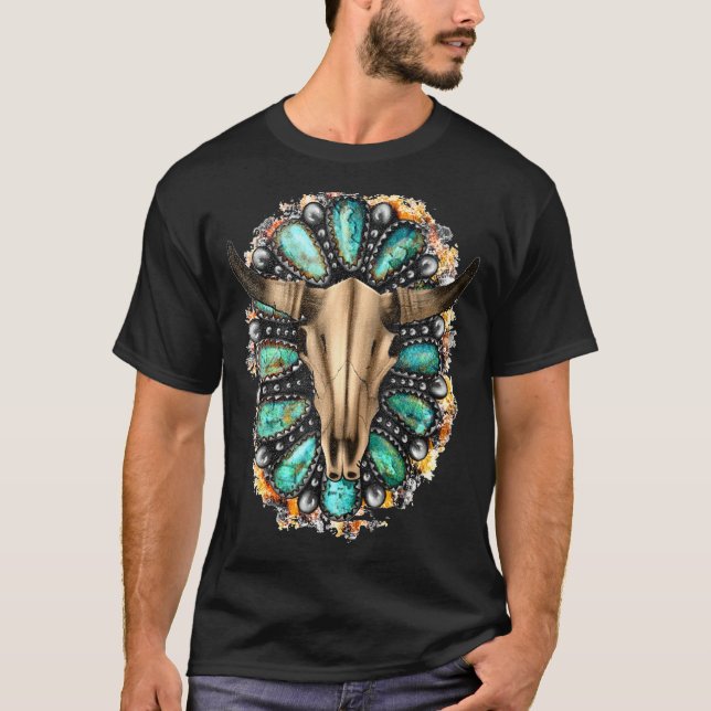 Camiseta Cavalgadora Boho Ocidental Caveira de Touro Turque (Frente)