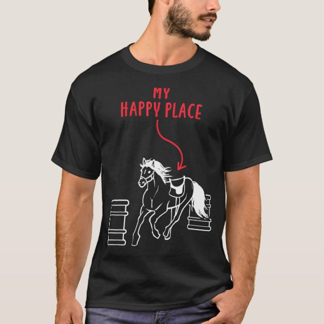 Camiseta Cavalgadora de Barril Meu Lugar Feliz Cavalgando (Frente)