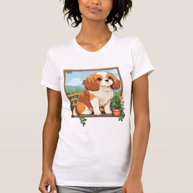 Camiseta Cavalier King Charles Pastel com flores (Frente)