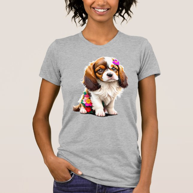 Camiseta Cavalier King Charles Spaniel Puppy Floral Women's (Frente)