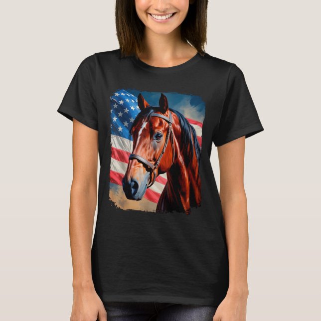 Camiseta Cavalo 4 de Julho Cavalo Patriótico Bandeira Ameri (Frente)