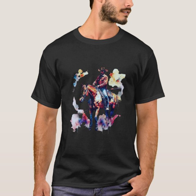 Camiseta Cavalo Ancorado de Cowboy abstrato em Aquarela Vib (Frente)