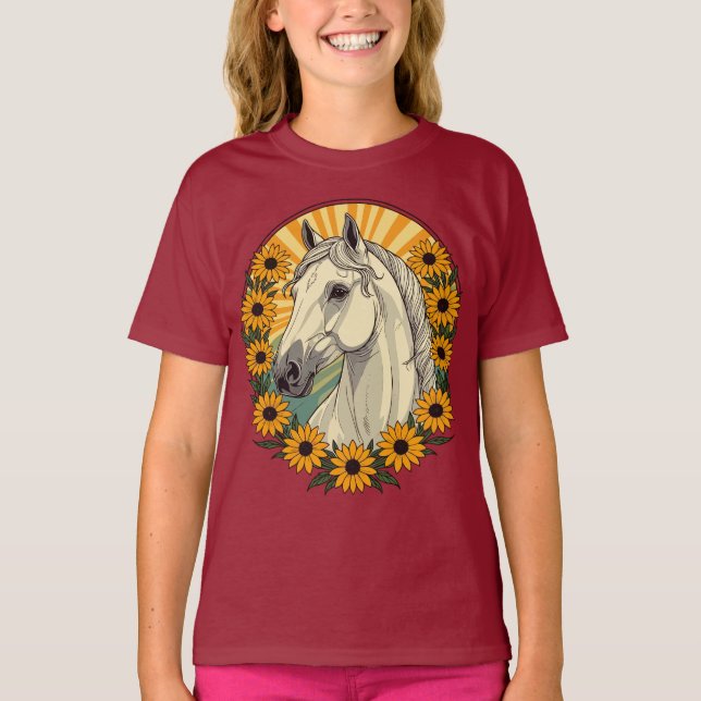Camiseta Cavalo Andando E Flores Susan De Olhos Negros (Frente)