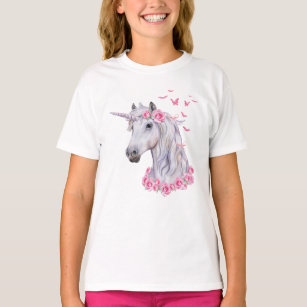 Camiseta Cavalo branco do unicórnio, rosas cor-de-rosa, e