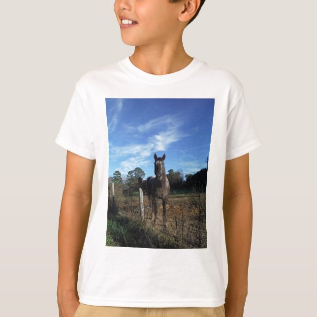 Camiseta Cavalo castanho de chocolate em azul (Frente)