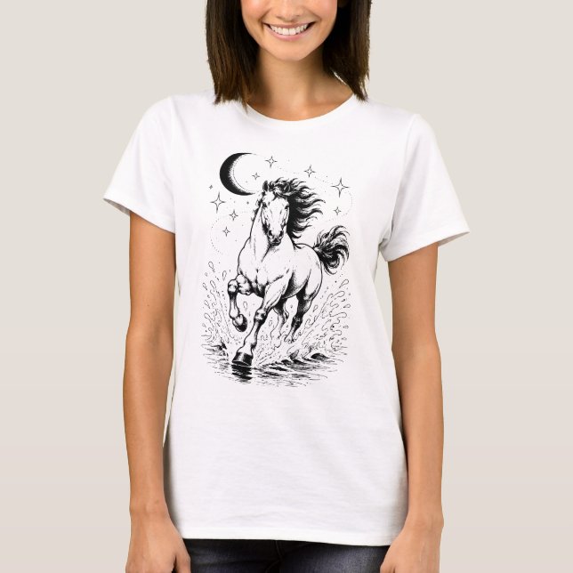Camiseta Cavalo Celestial Galopando Crescente Lua Estrelas  (Frente)