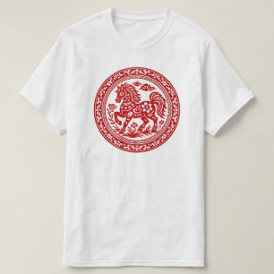 Camiseta Cavalo com Corte de Papel Vermelho Arte Tradiciona