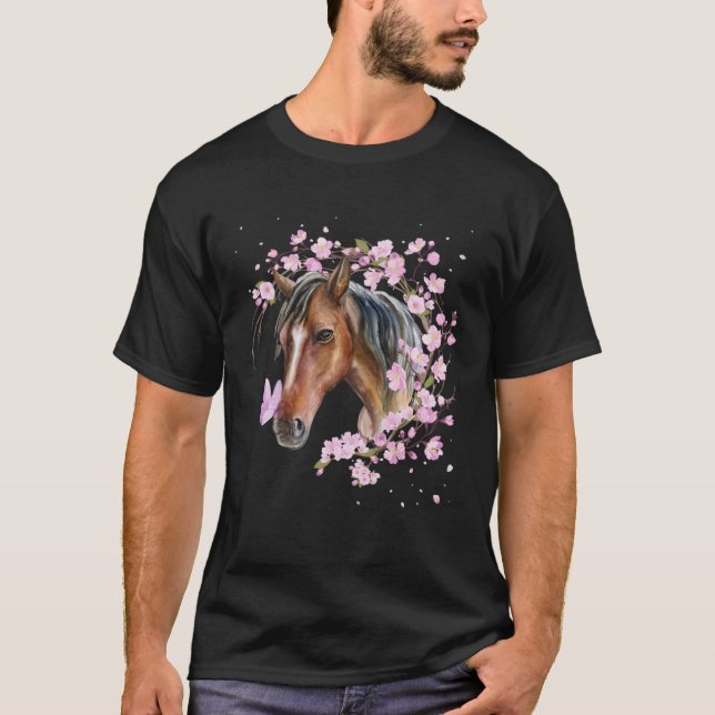 Camiseta Cavalo com Flor de Cavalo Marrom de Cereja (Frente)