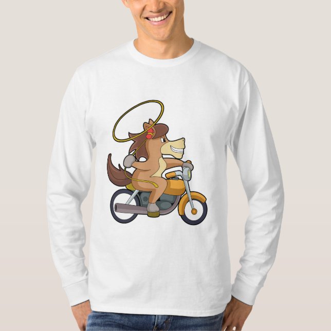 Camiseta Cavalo como cowboy com laço e moto (Frente)