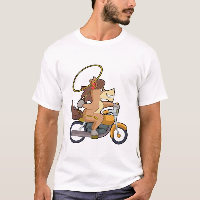 Camiseta Cavalo como cowboy com laço e moto (Frente)