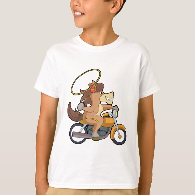 Camiseta Cavalo como cowboy com laço e moto (Frente)