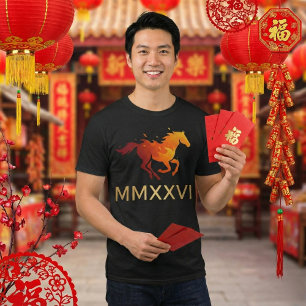 Camiseta Cavalo de Fogo Vermelho e Dourado Vibrante