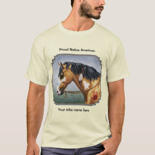 Camiseta Cavalo de Guerra Nativo Americano de Buckskin Pint