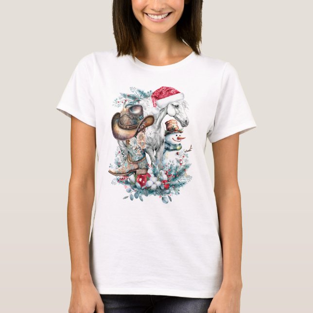 Camiseta Cavalo de Natal em chapéu de Papai Noel botas de v (Frente)